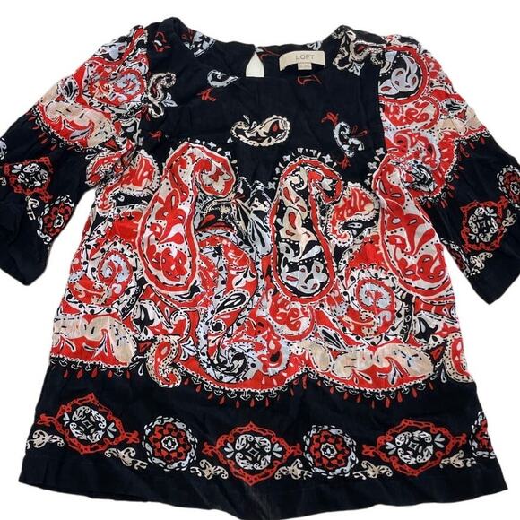 Ann Taylor LOFT Top Womens X Small Red‎ Black Paisley Floral Shift Blouse Top - Picture 1 of 7